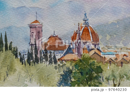 原画#3681 フィレンツェ 雨 イタリア 水彩画 風景画 ドローイング