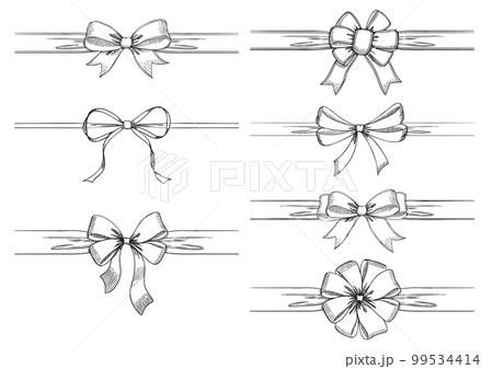 リボンの線画セット。手描きのベクターイラスト。ヴィンテージ風ライン