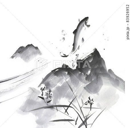 鮎 水墨画 水墨 墨の写真素材 - PIXTA