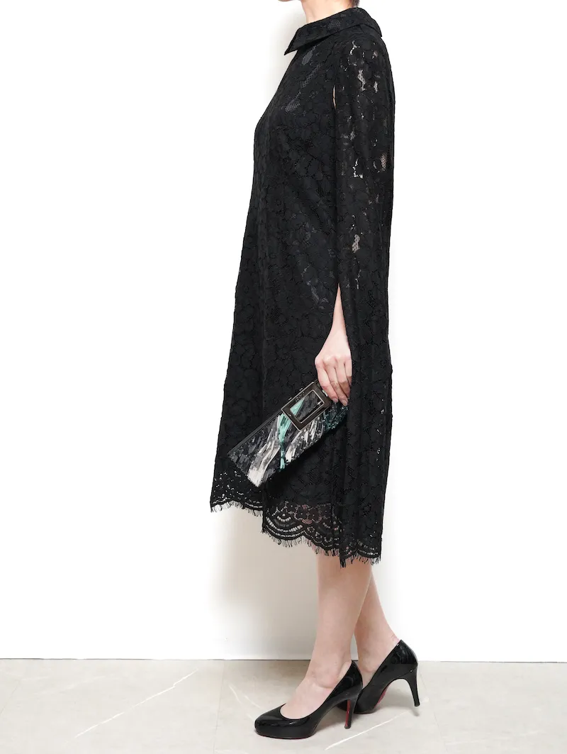 ブラック レースケープ ドレス セルフォード CELFORD｜ケープ風レース