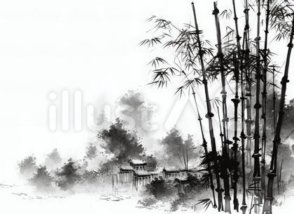 水墨画 自然風景 手描き 竹のある自然風景の水墨画イラスト - No