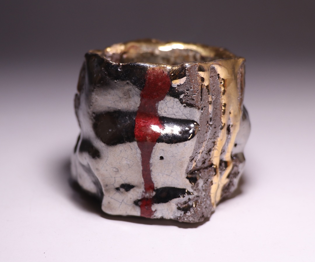 市川透 迦具土 ぐい呑 共箱 赤金銀彩 未使用 市川透 迦具土 ぐい呑 共