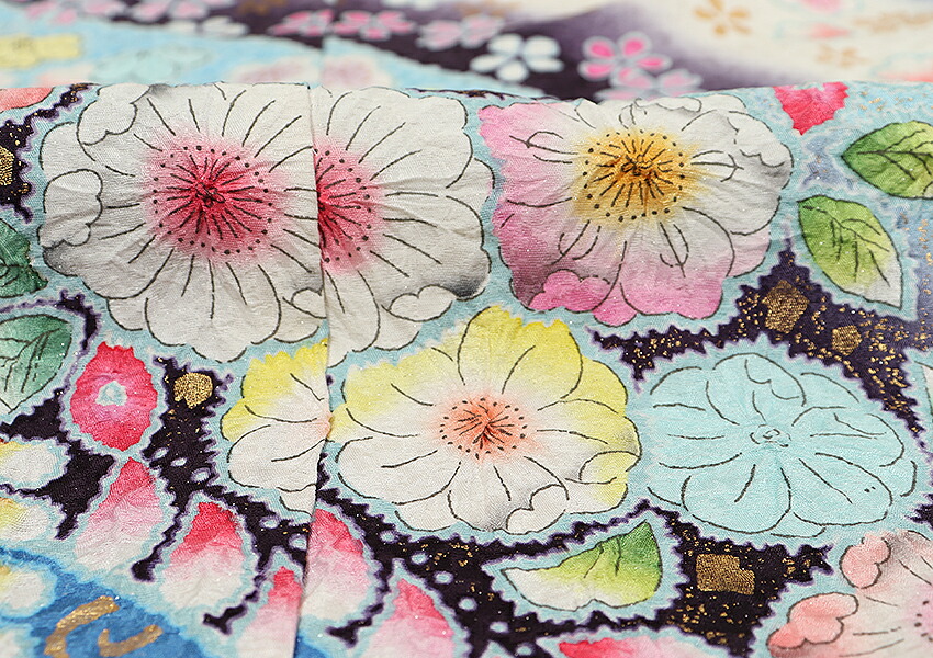 振袖 フルセット6点M〜L花鳥文 辻が花 暈し染め 金銀彩 正絹 振袖