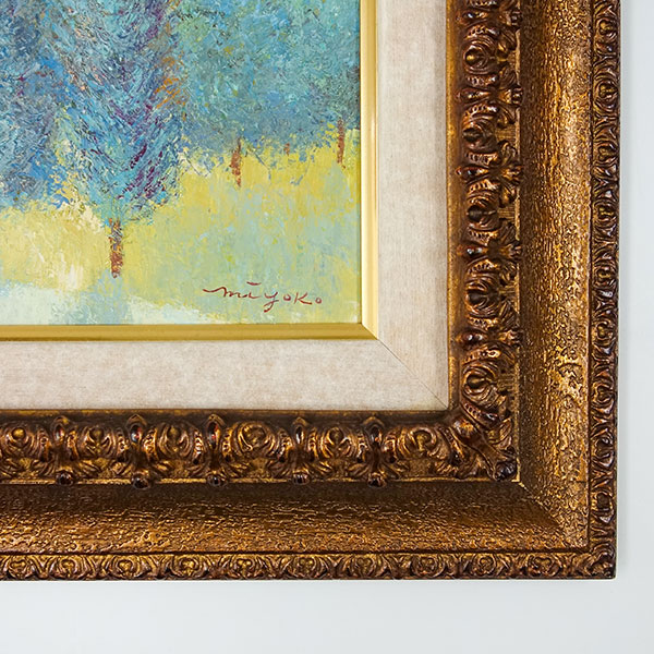 油絵 菅家令子 絵 絵画インテリア 額付(青緑＋金色の枠) uF6-120309