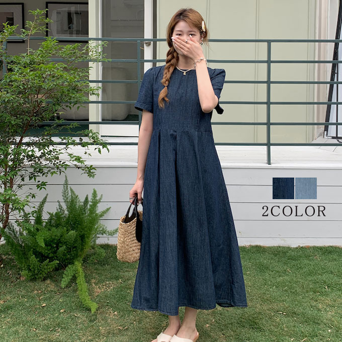 楽天市場】デニムワンピース 半袖 ロング レディース マキシワンピース