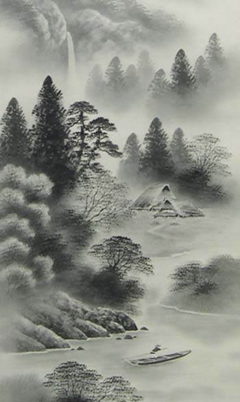 山水画 放浪生涯一美舟】掛軸 水墨画 絵 禅 日本美術 インテリア