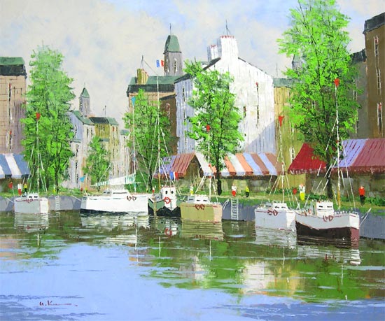 黒沢久 クロワジック港 港の風景 油彩画 フランス美術展出品 黒沢久