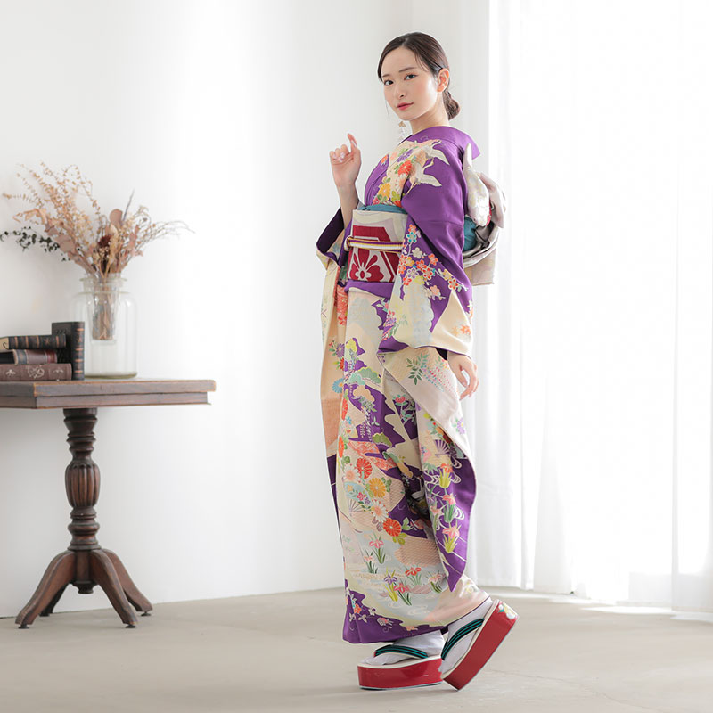 楽天市場】【成人式 振袖 レンタル】RS1738 正絹 紫 花に飛鶴と扇（絹