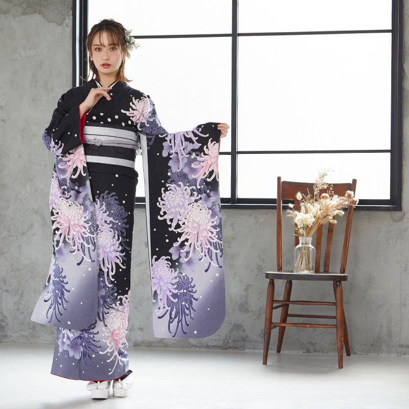 楽天市場】【成人式 振袖 レンタル】RS1069 正絹 黒 菊花フルセット