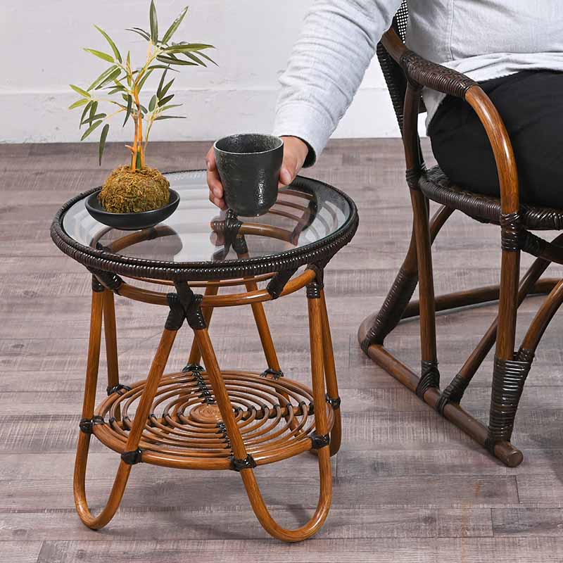 ✿昭和レトロ✿ 藤 オールドラタン ガラストップテーブル 棚付き