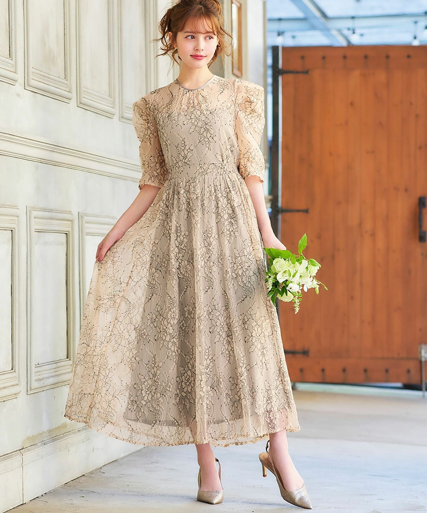GIRL｜パフスリーブ総レースフレアロング丈 結婚式 ワンピース