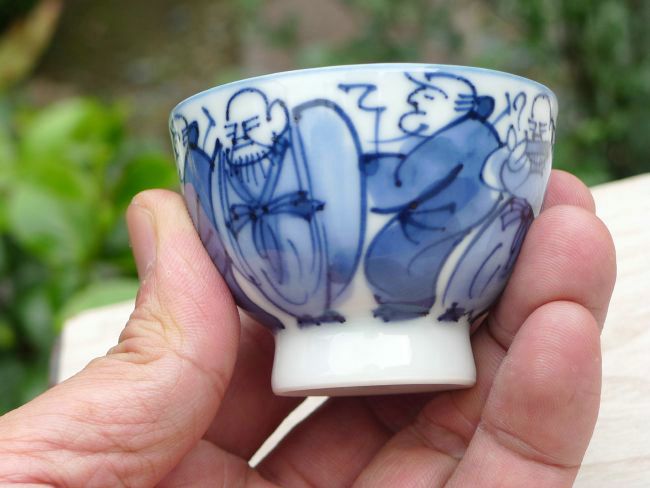 煎茶土山松泉造染付着彩三猿図煎茶碗6客組共箱煎茶道具