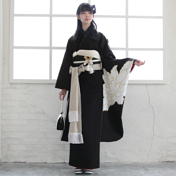新品 シンプル黒ちりめん 振袖フルセット 新品 シンプル黒ちりめん