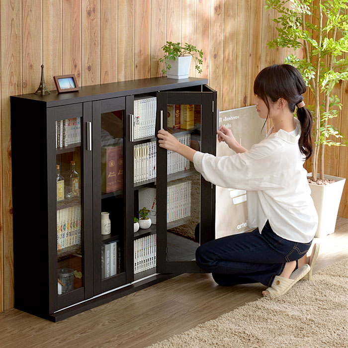 木製本棚 ガラス扉 ダークブラウン 木製本棚 ガラス扉付き ダーク