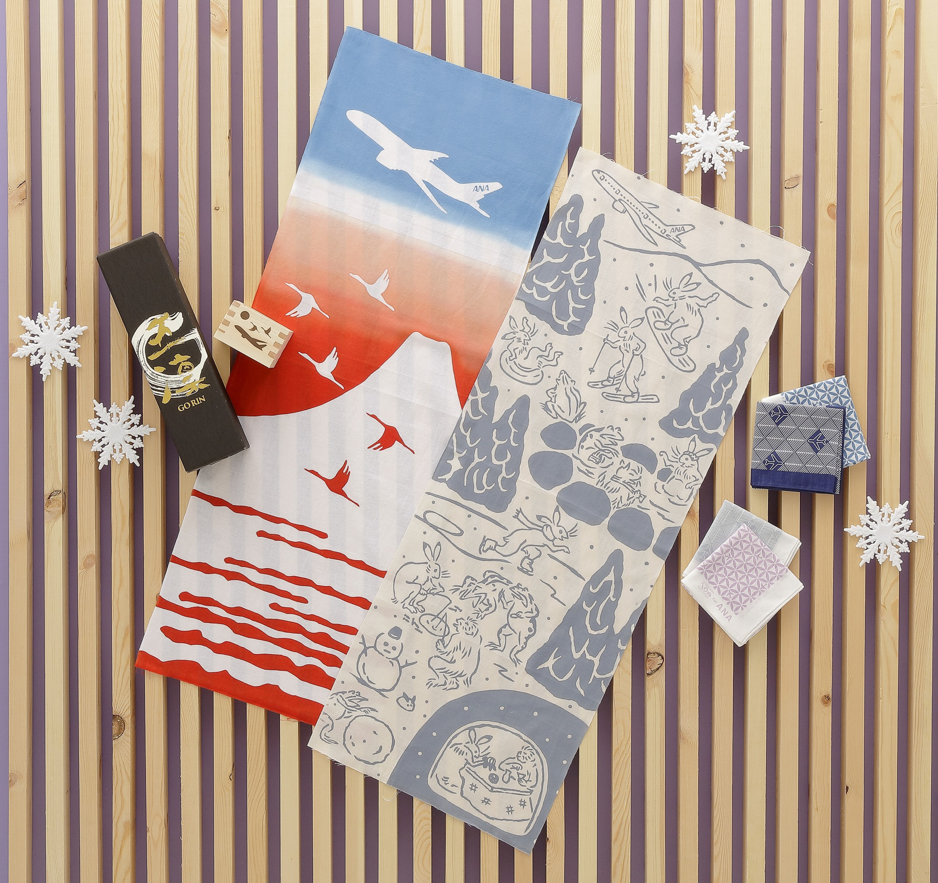 全日空商事、てぬぐい専門店「かまわぬ」コラボ第3弾。鳥獣戯画の雪山
