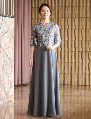 結婚式 母親ドレス グレー・マザーズドレス スパンコールレース