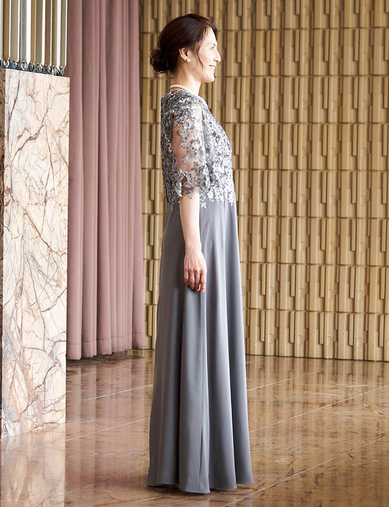 結婚式 母親ドレス グレー・マザーズドレス スパンコールレース