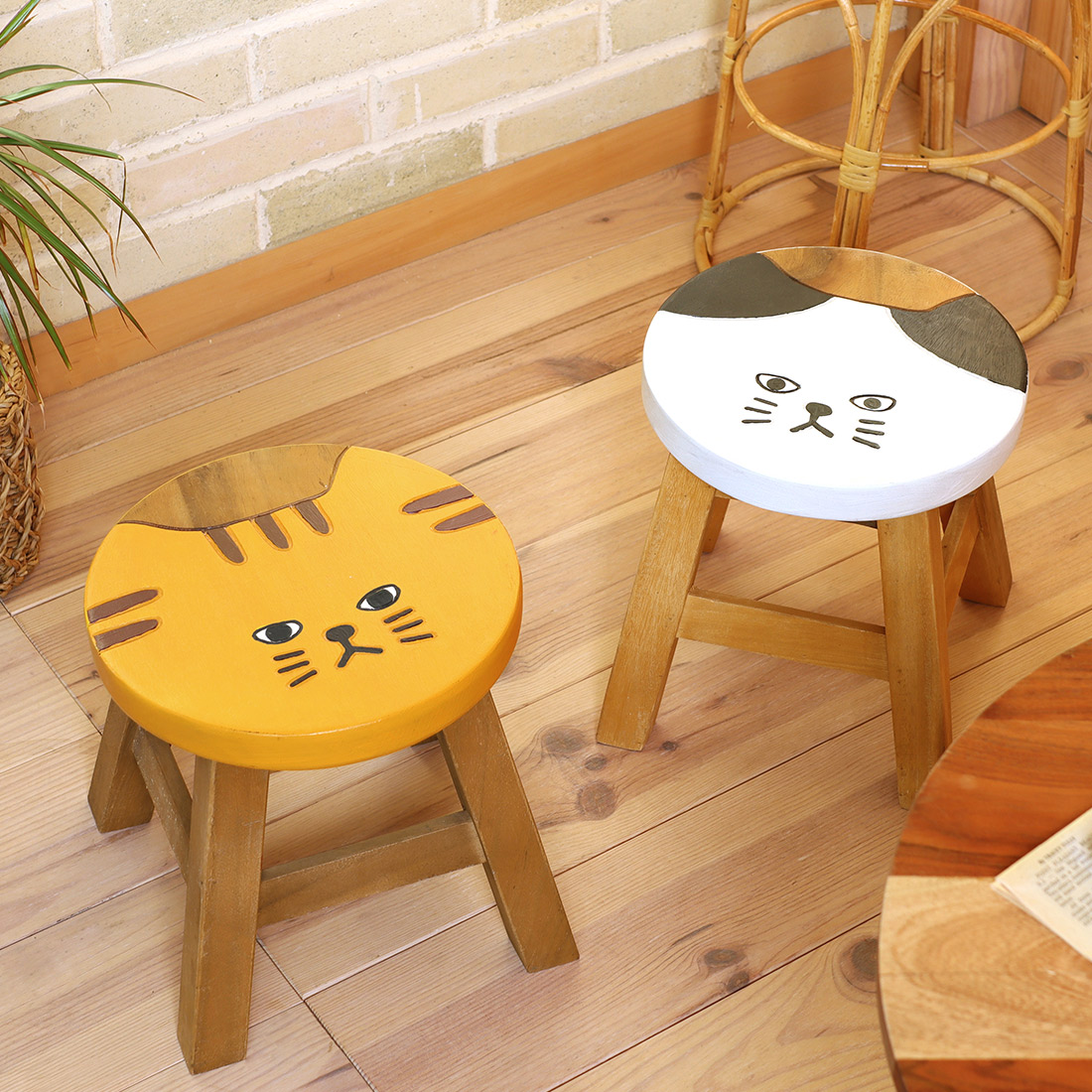 人気 猫デザイン 木製スツール ラウンドスツール ネコ雑貨 子供椅子