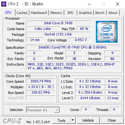 Intel Core i5 7400 @ 3300.79 MHz - CPU-Z VALIDATOR
