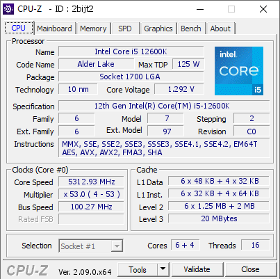 Intel Core i5 12600K @ 5312.93 MHz - CPU-Z VALIDATOR