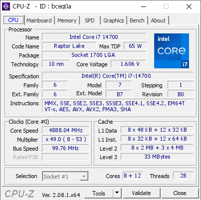 Intel Core i7 14700 @ 4888.04 MHz - CPU-Z VALIDATOR