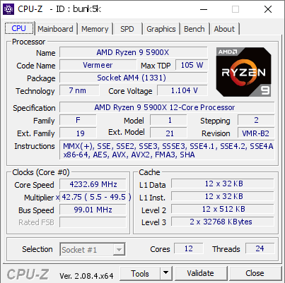AMD Ryzen 9 5900X @ 4232.69 MHz - CPU-Z VALIDATOR