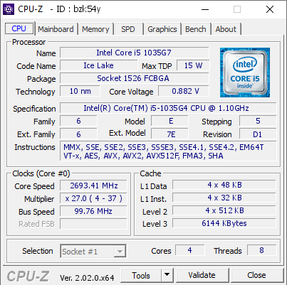 Intel Core i5 1035G7 @ 2693.41 MHz - CPU-Z VALIDATOR