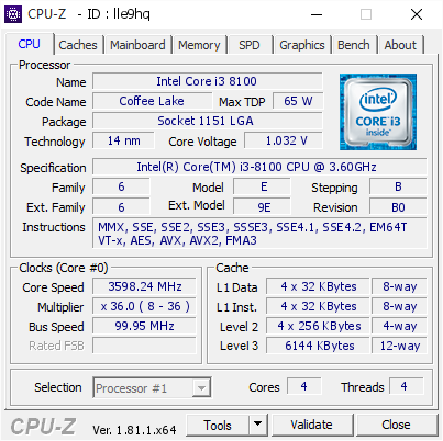 Intel Core i3 8100 @ 3598.24 MHz - CPU-Z VALIDATOR