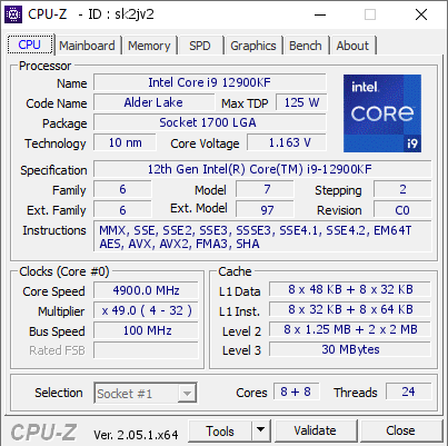Intel Core i9 12900KF @ 4900 MHz - CPU-Z VALIDATOR