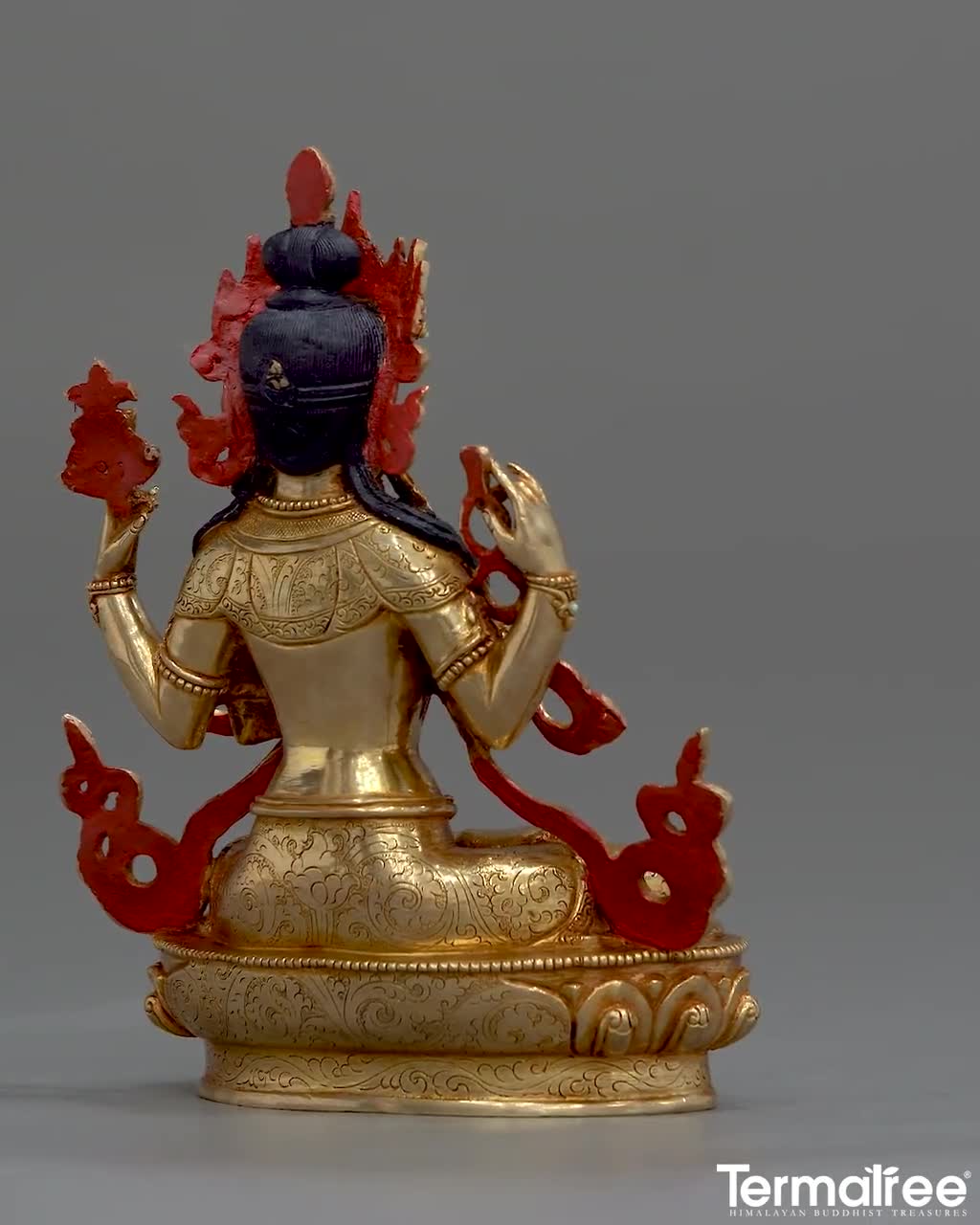 チェンレジグ仏教仏像 - 24K ゴールドとアクリル画、銅製ボディ