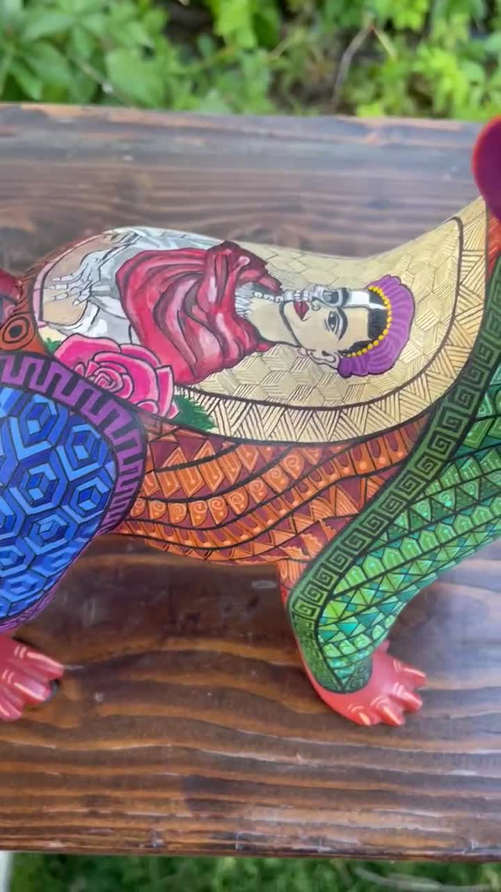 Alebrije Frida Monkey, Large Hand Painted Wood Carving From Oaxaca