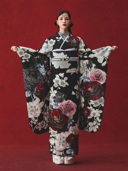 正絹振袖レンタルセット バラ(黒)【和風館ICHI】