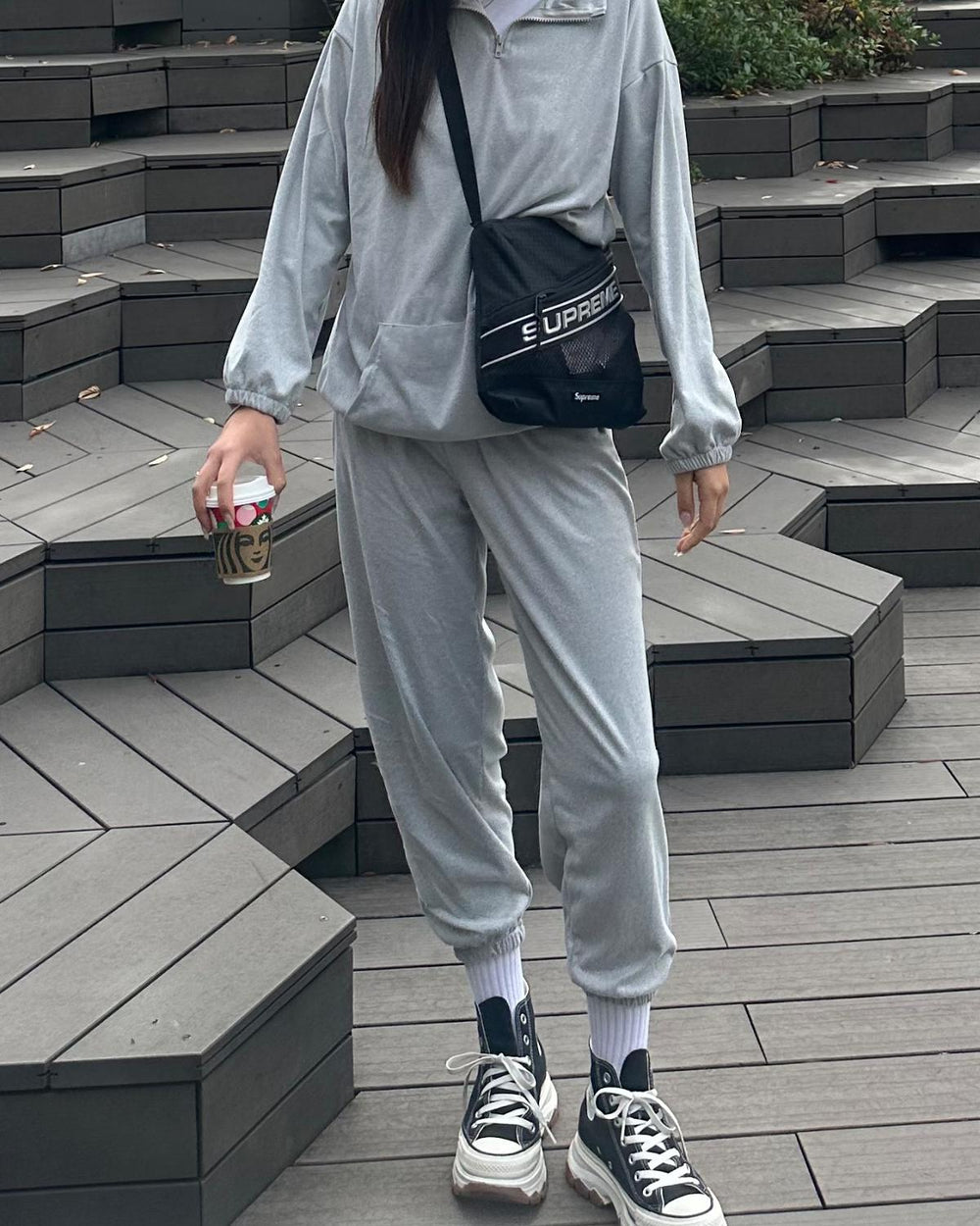 PEOPLE1 スウェット ハーフジップ ポップアップ グレー Mサイズ