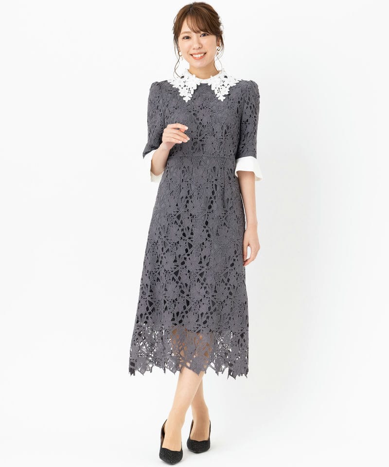 Leja 花柄レースAラインワンピースドレス グレー Leja レジャ 花柄