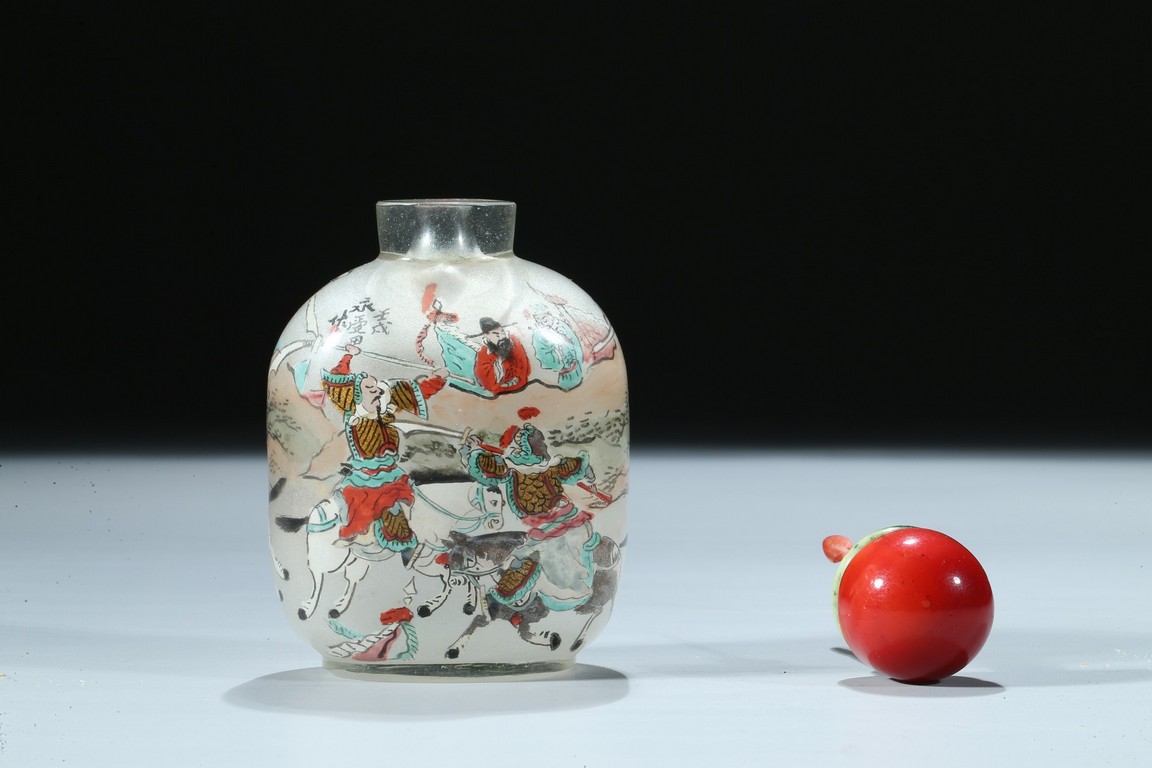 中国 清時代 硝子鼻煙壺 古玩 内絵龍文 角形精密 両面龍内絵図