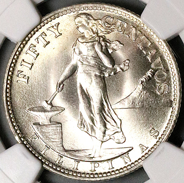 米領 フィリピン 1945 NGC MS65 50センタボ 銀貨 マヨン火山 1945-S