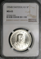 1954 NGC MS 65 Switzerland 5 Francs William Tell Swiss Gem Silver