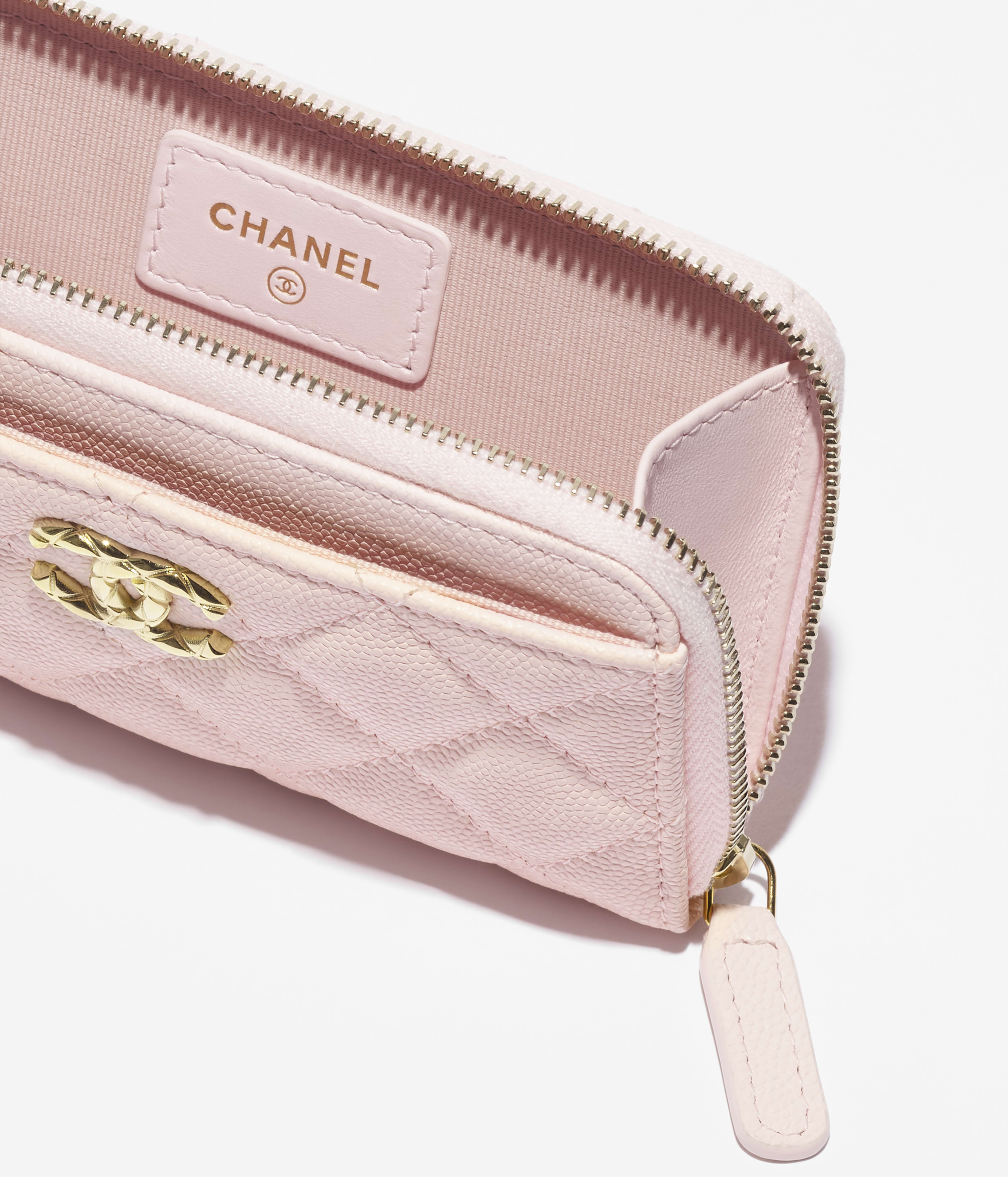 Zipped card holder - Grained shiny calfskin & gold-tone metal