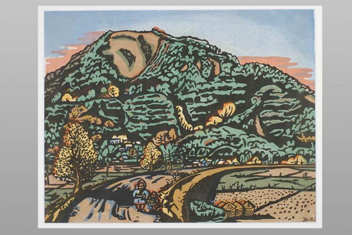 海野光弘 木版画 久能山と石垣いちご 海野光弘 木版画 久能山と