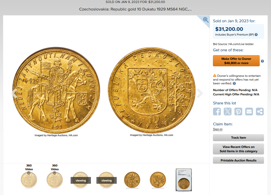 1934年 チェコスロバキア 10ダカット金貨【MS64】｜アンティークコイン