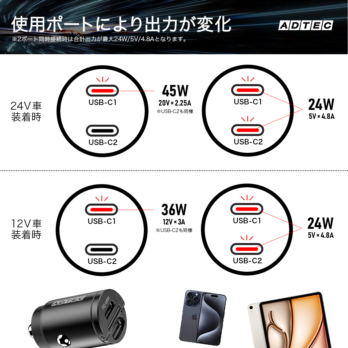 シガーソケット最大45W PD充電ACPD-V045C2 - 株式会社アドテック