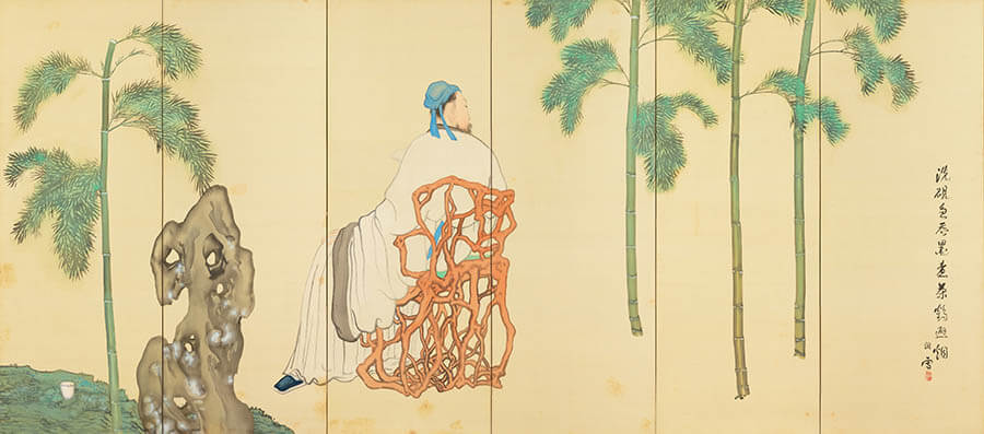 橋本関雪 紙本着色画賛 【楼閣山水図】肉筆 【関雪 自題箱 軸先