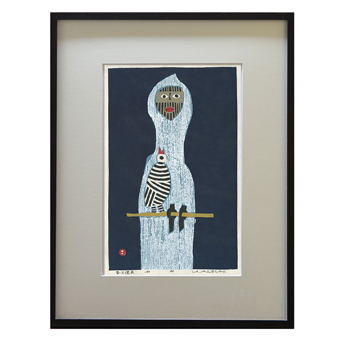 真作】畦地梅太郎「鳥と山男」ガラス絵 ☆貴重作☆ 人気木版画家