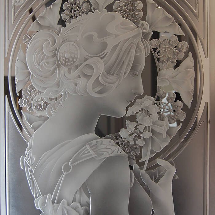 エッチング ガラス彫刻 ヴィンテージアート工芸品 額入り ミュシャの絵