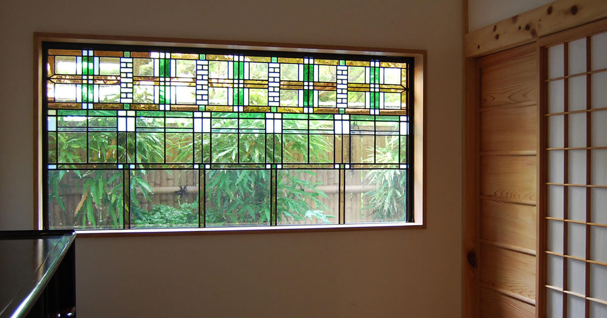 フランクロイドライト ステンドグラス木製枠2枚パレード＆ロビー邸