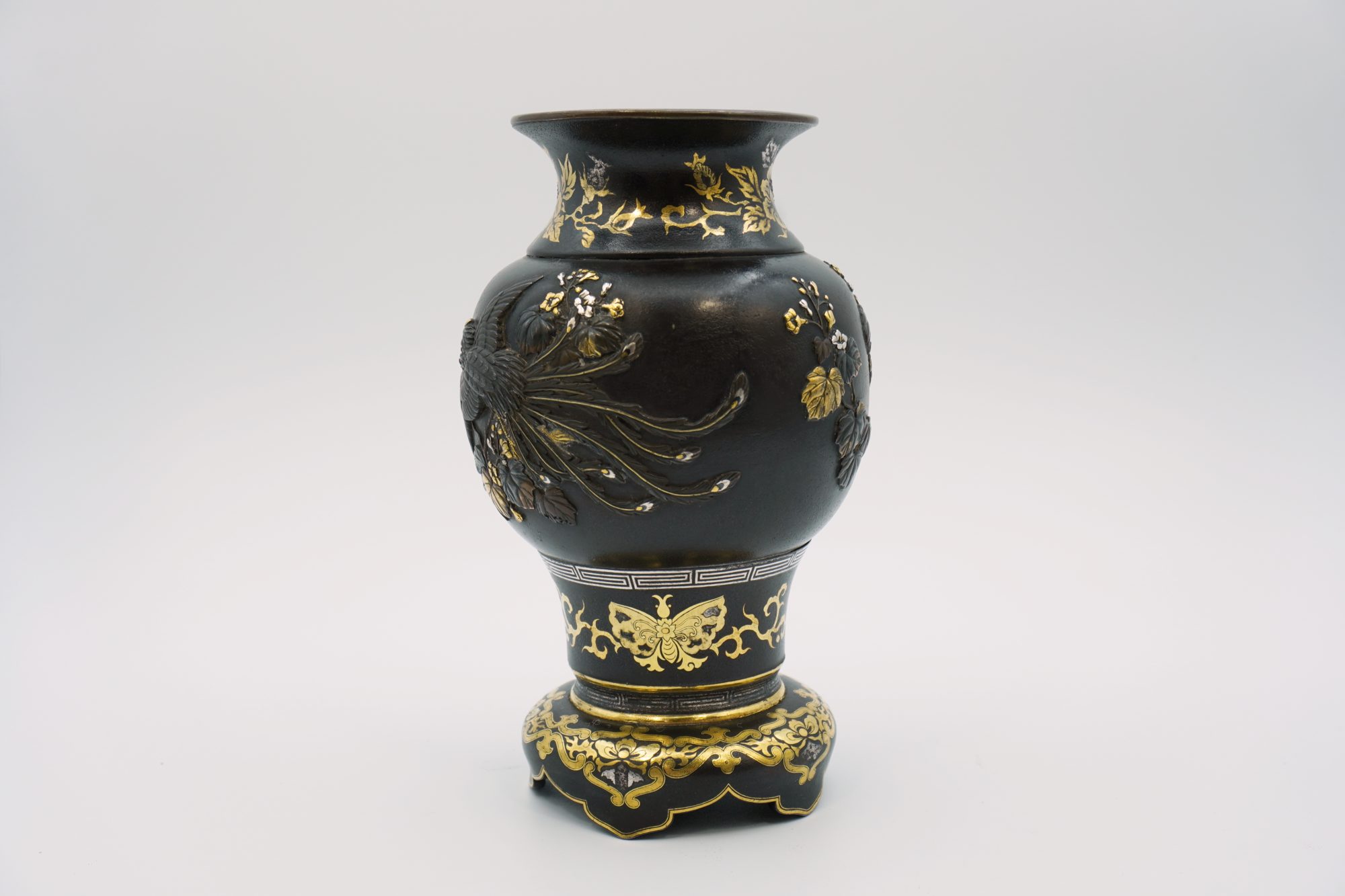 送料無料 幕末～明治期 金銀象嵌銅製花瓶 在銘 高さ24cm 鉄地