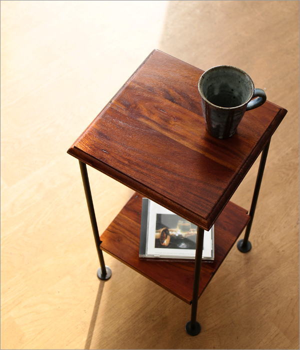 サイドテーブル 花台 木製 アイアン 棚付き 天然木 無垢材 アカシア