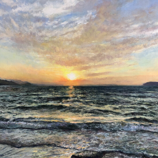 糸島の浜辺（福岡県）風景画 クレパス画原画 糸島の浜辺（福岡県）風景