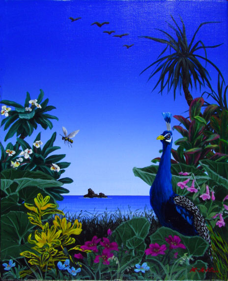 期間限定 得市！真作 北久美子「風の譜」油彩10号 孔雀・南国花鳥画