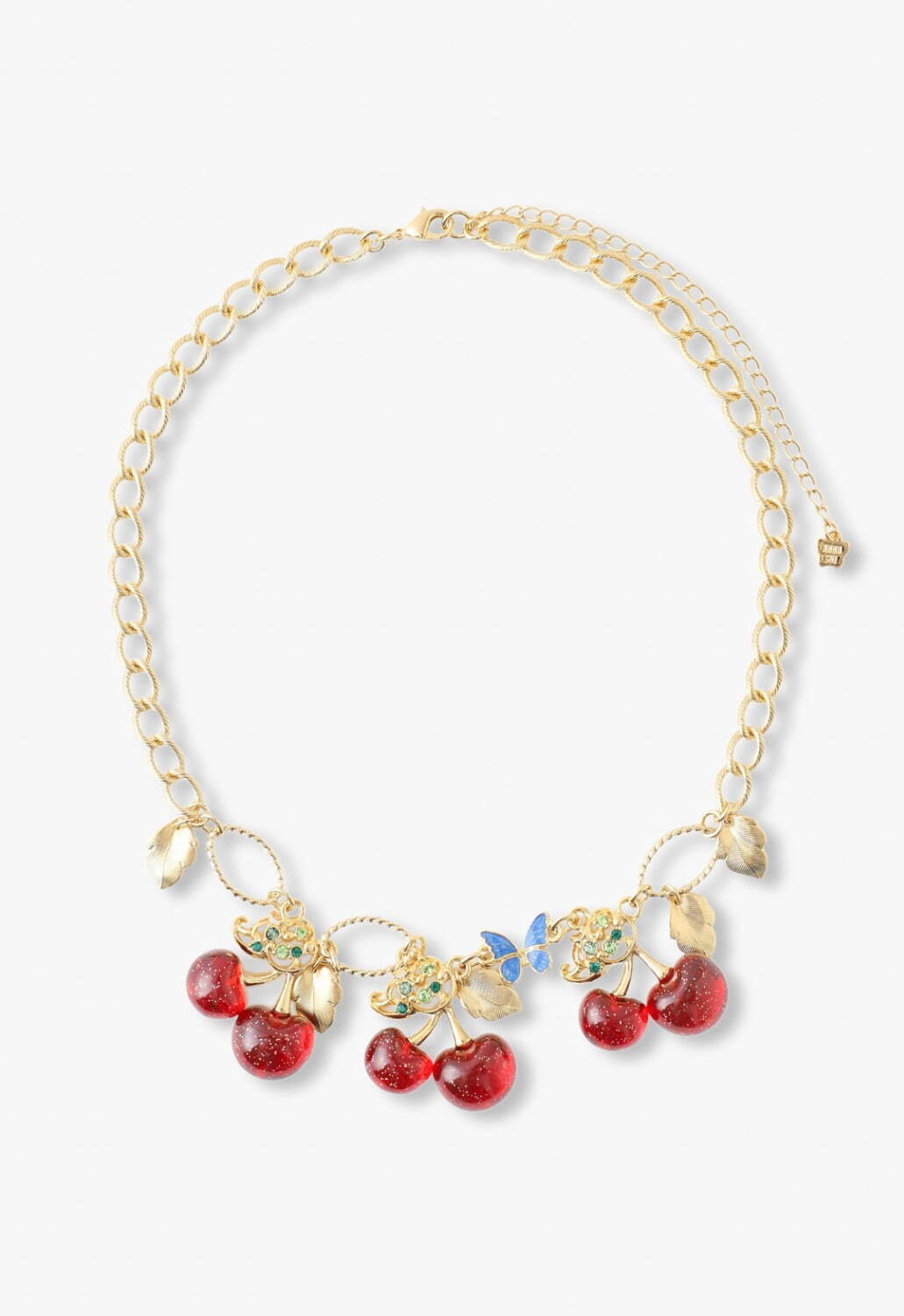 アナ スイ“ぷっくりチェリー”のアクセサリー、茎に蝶と蛇が絡みつく